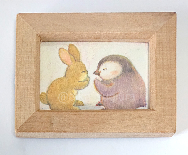 原画 ミニ額イラスト ペンギンとうさぎ ないしょばなし 絵本作家 すぎうらえいか