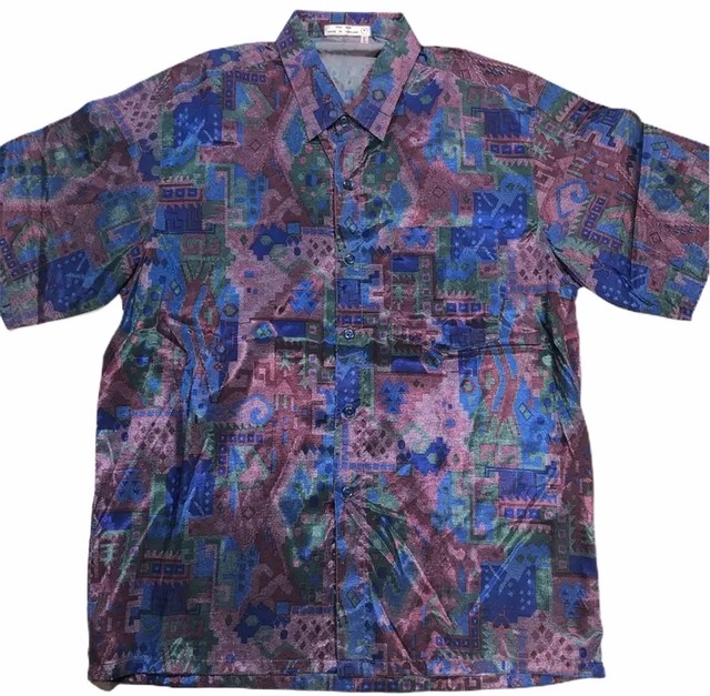 Thai Silk タイシルク 総柄 シルクシャツ 半袖 L 紫系 都町の古着屋 Charkha Bazaar チャルカバザール