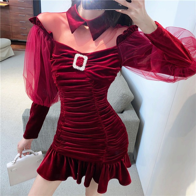 ワンピース レディース パーティードレス 30代 代 結婚式 韓国 10代 ミニ丈 長袖 レース フリル 襟 二次会 発表会 タイト ベロア 大人 お洒落 バックコンシャス ワンピの里