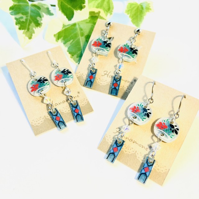 送料無料 手描き 風鈴 ひまわり 花火 金魚 金属ピアス イヤリング 樹脂ピアス Hanamone はなもね