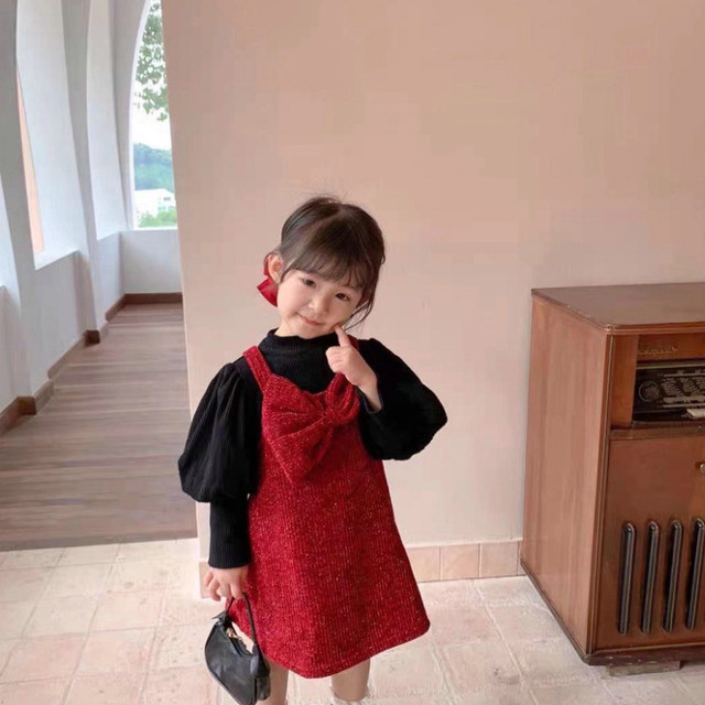 ビックリボンニットワンピース セットアップ 女の子 パフスリーブトップス ベルベット素材 ニット セット キッズ ティーン あったか 秋冬 ビックリボン ワンピース 韓国子供服 セットアップ ニットワンピ 韓国 Ss170 Berceau Select Shop ベルソー セレクトショップ