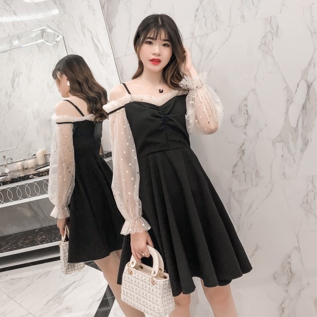 ドレス ワンピース ミニ丈 長袖 フリル袖 無地 Aライン オフショルダー 透け感 袖あり 大人可愛い 春夏 お呼ばれ 発表会 ドレスワンピ ブラック Fsk0613 Alice Mode