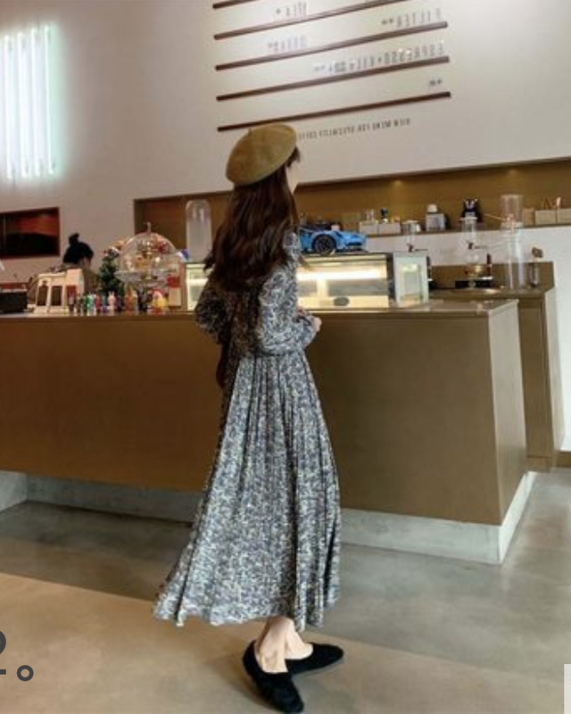 小花柄のプリーツワンピース プリーツワンピース 花柄 レトロ シフォン 春 秋 レディース 長袖 ハイウエスト ロング丈 マキシ丈 脚長効果 10代 代 30代 アラサー S M L Xl Rb Z07 0002 Redbell