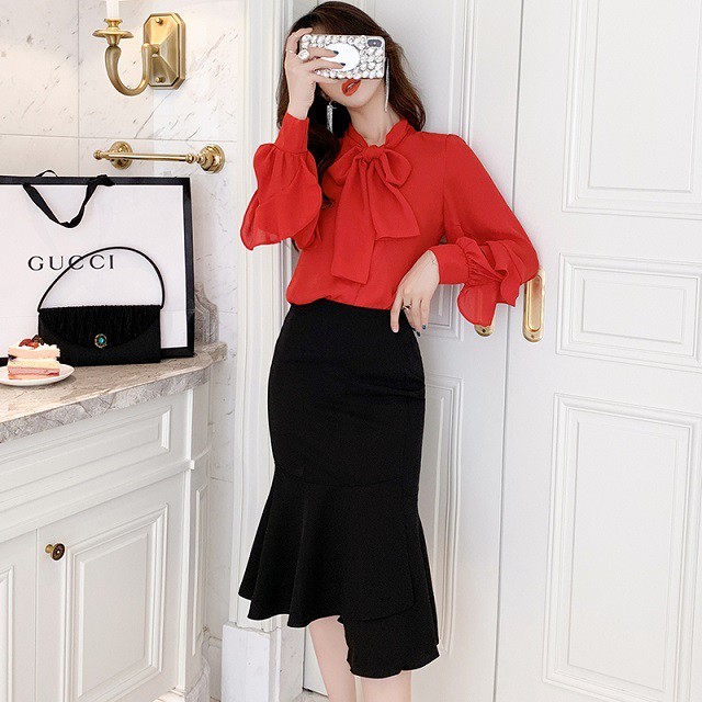 ランダムフリル タイトスカート 黒 膝下丈 フィッシュテール調 Garage Diva 106