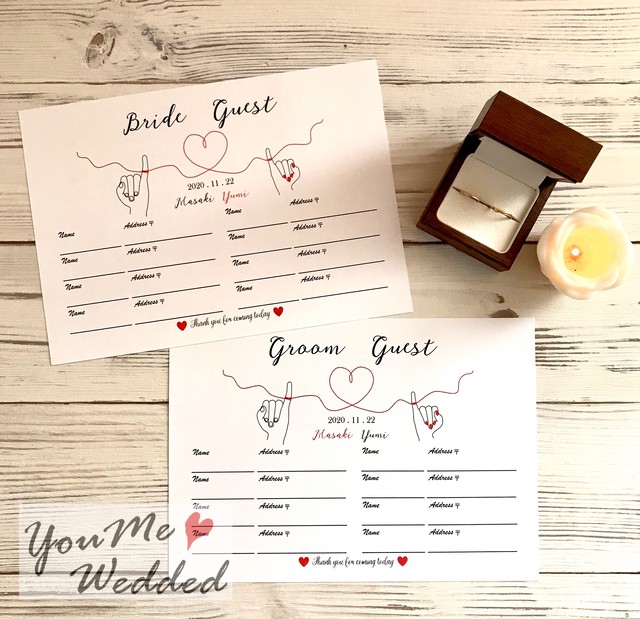 New 横型 芳名帳 ゲストブック 結婚式 大人気の赤い糸結婚証明書と同一デザイン Youme Wedded