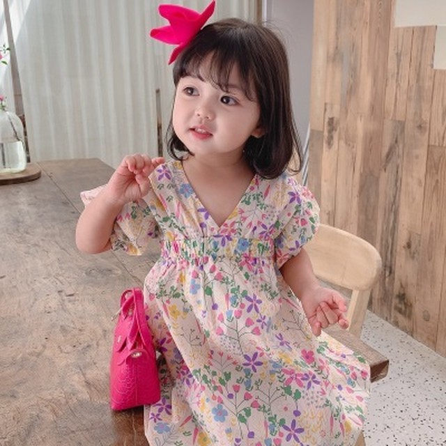 女の子 ネック 花柄 ワンピース 夏 可愛い 2色 80 130 Dyh海外子供用品