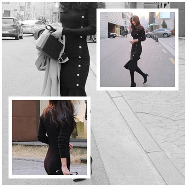 コピー 韓国 ワンピース ニットワンピース 黒 フレア リブニット フレアスカート Nshop1623