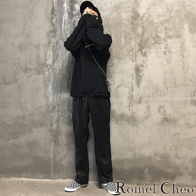 Romelcheo 龍柄ワイドパンツ 太め ボリューム ルーズシルエット リラックス ゆったり 和柄 アジアンテイスト 個性的 ストリート ヒップホップ ユニセックス ファッション 原宿系 カジュアル モード ロメルチェオ Romelcheo