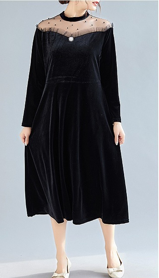 大きいサイズ レディース デコルテシースルーワンピース 長袖 秋冬 春夏 ブラック ベロア S 大きいサイズ 送料無料 レディース通販店 ｋｅｃｃｈi 静岡 Base売り場