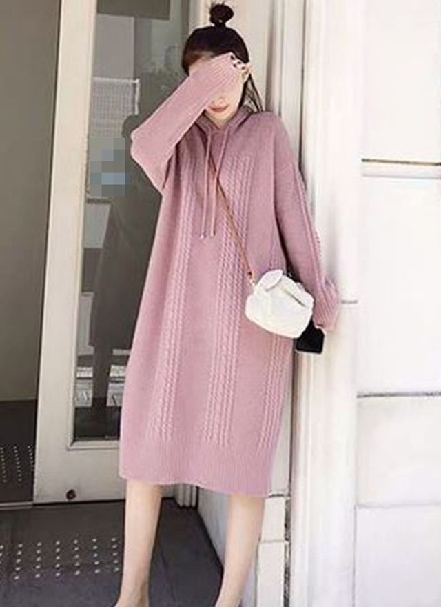 全3色 ひざ丈 ワンピース ケーブルニット ニットワンピース ライン ゆったり 長袖 秋 冬 デート カジュアル 可愛い フード付き Like Fashion