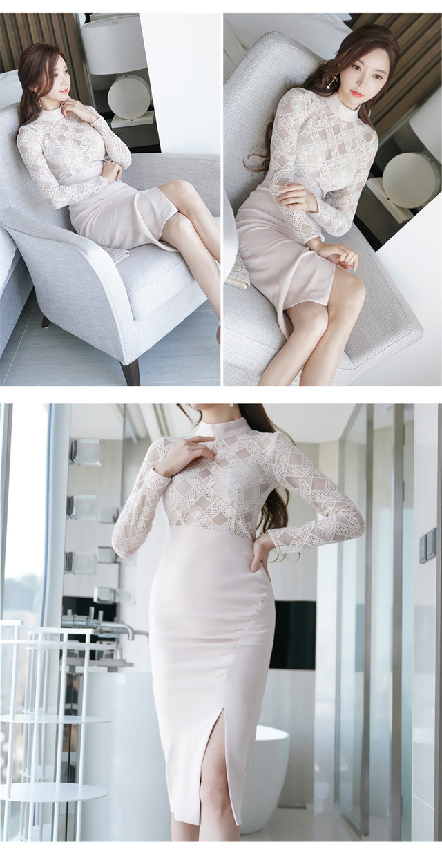 ドレス ワンピース チェック柄 レース ボトルネック シースルー 透け感 スリム ペンシルスカート ハイウエスト セクシー ボトルネック 長袖 結婚式 披露宴 二次会 パーティー デート Dressarroser