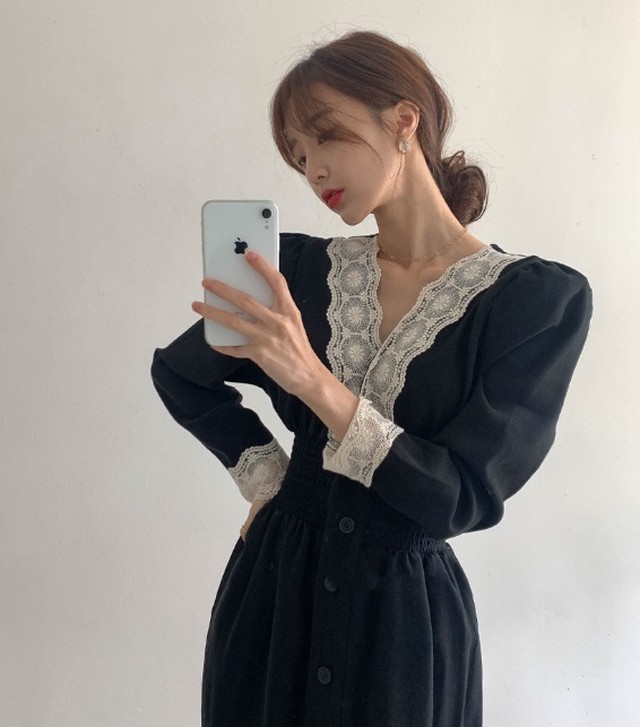 ちょっぴりレトロ ミモレ丈ワンピース ワンピース レディース スカート カバーアップ ゆったり ミモレ丈 ロング丈 ブラック フリーサイズ レース エレガント レトロ おしゃれ 春 秋 代 30代 40代 送料無料 韓国レディース キッズファッション Londonbridge