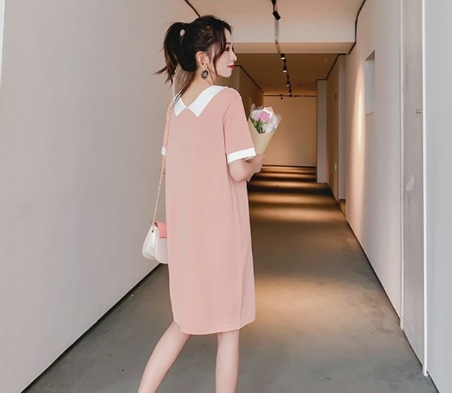 バイカラー 襟付きワンピース 半袖 無地 膝丈 Iライン パールビジュー Vネック 背中見せ セクシー 体型カバー 上品 フェミニン レディース ワンピース Lalas
