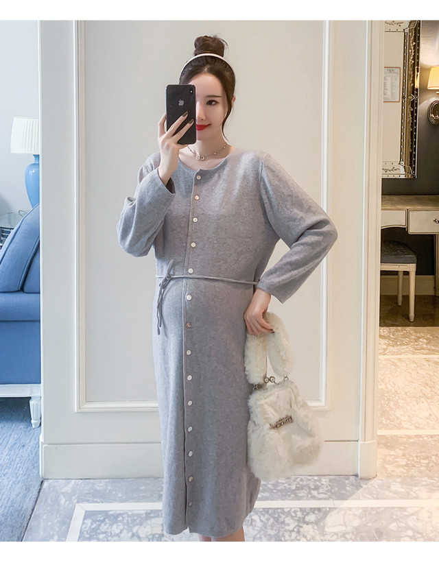 マタニティ ワンピース ラウンドネック ミディ丈 前開き ニットワンピース マタニティーワンピース専門店 Ninpuku