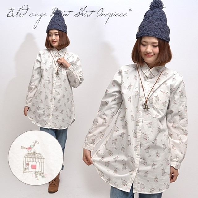 シャツワンピース 鳥さん柄プリント Kimani