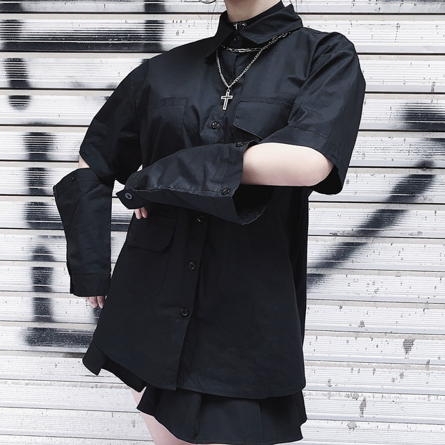 ゴスロリ系 黒シャツ ２way 長袖 半袖 十字架チェーン 病みかわいい ストリート系 V系 オルチャン 原宿系 10代 代 天使と悪魔 サブカル系ファッション Seasonz