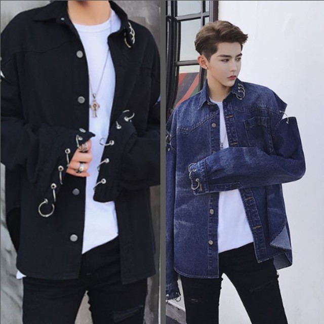 デニムジャケット フープデザイン カットスリーブ ゆったり オーバーサイズ 2色 ブラック ブルー 黒 青 メンズ ユニセックス レディース 韓国 モード カジュアル お支払い後日以内に発送 Out061 Loveless