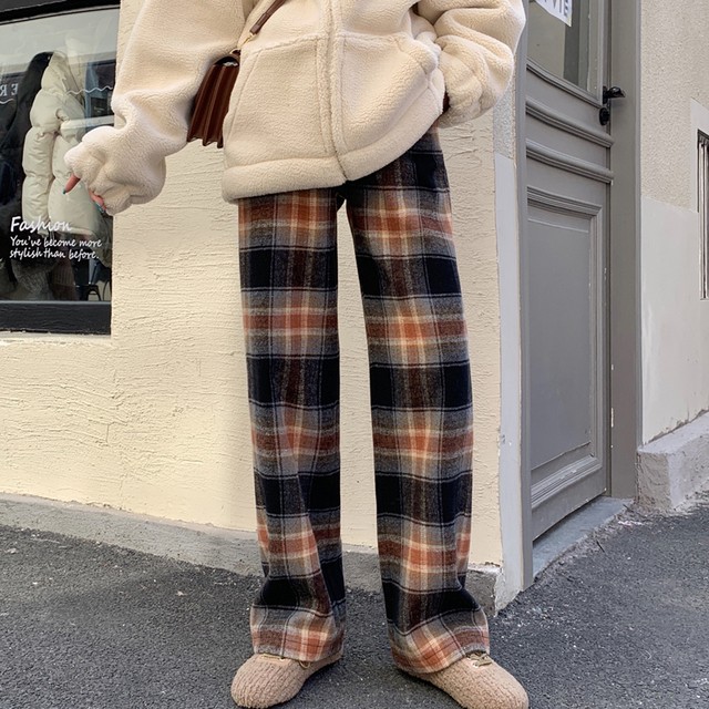 ボトムス チェック柄 裏起毛 ストレートパンツ 3カラー メンズライク 双子コーデ カジュアル あったか 秋冬 Sunrise0911