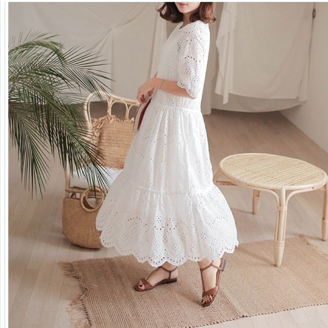 大人カジュアル レディース 春服 ひざ上丈 カットワークレースワンピース ミニワンピース フレアワンピース Aラインワンピース パフスリ Basecamp49