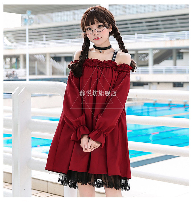 コルセットベルト付きオフショルワンピース 長袖 ボルドー Cubicbunny