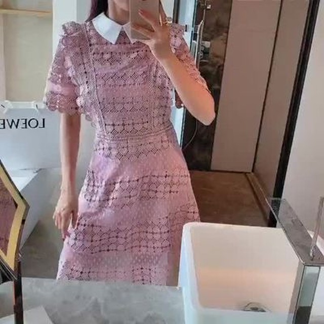 クーポン配布中 交換無料 ニット ワンピース ピンク 可愛い 裾レース フェミニン ガーリー 新色登場