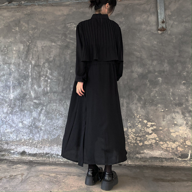 ゴスロリ 秋冬 ワンピ シャツワンピ シック ブラック 細見え ロングスカート ハイウエスト 大人きれいめ ゴシック 病みかわいい ストリート系 オルチャン 原宿系 10代 代 Dressyなファッション モード ゴスロリのお店 Ladies Fashion Seasonz