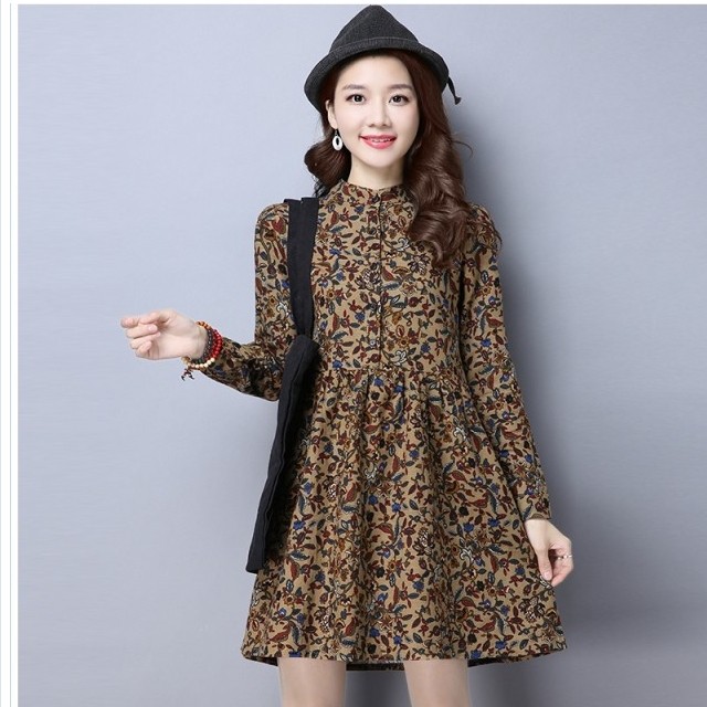 ワンピース 花柄 レトロ 可愛い 花柄 ワンピース ミディ丈 ひざ丈 長袖 秋 人気 スカート 大きいサイズ コーデ ゆったり Basecamp8849