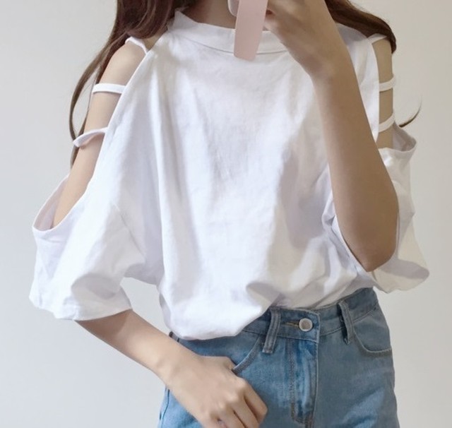 肩あきブラウス レディース 半袖シャツ セクシー ミディアム丈