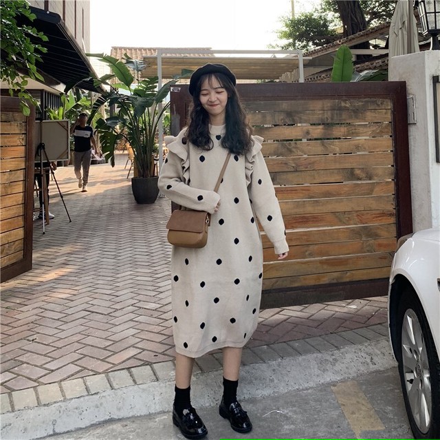 660 大人かわいいフリル付きのドット柄ニットワンピース アプリコット 海外のプチプラきれいめカジュアルレディースファッション Pakaian Lucu 海外のプチプラきれいめカジュアルレディースファッション Pakaian Lucu
