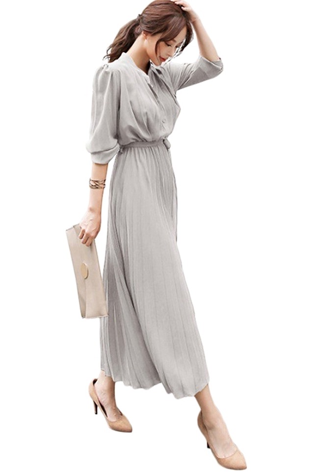 プリーツワンピース 長袖 プリーツ ワンピ ふんわり 上品 大人 お呼ばれ 通勤 オフィス 可愛い シンプル Ma005 La Vie En Rose