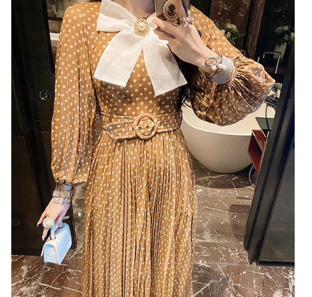 茶色 水玉 ワンピース プリーツ リボン マキシ Loveysmileshop