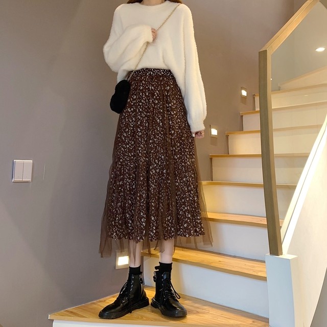 〈カフェシリーズ〉花柄レースメッシュスカート【flower mesh lace skirt】
