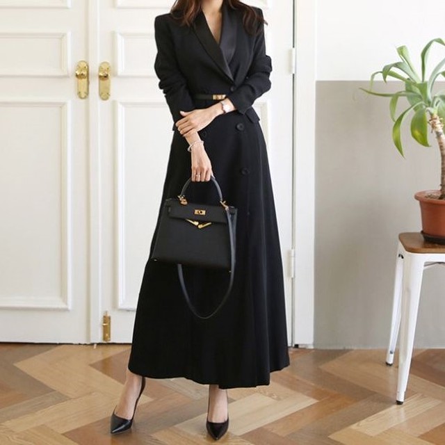 ロングワンピース ワンピ 韓国 コーデ きれいめ 40代 30代 暖かい 長袖 大きいサイズ ゆったり 体型カバー 韓国風 羽織り ポケット付き ブラック ワンピの里