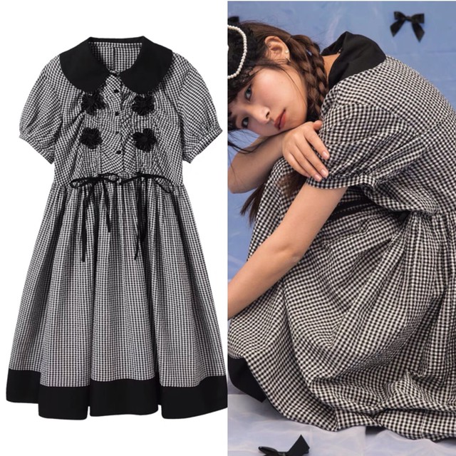 チェック ワンピース 黒 丸襟 ブラウス ゆったり ガーリー Loveysmileshop