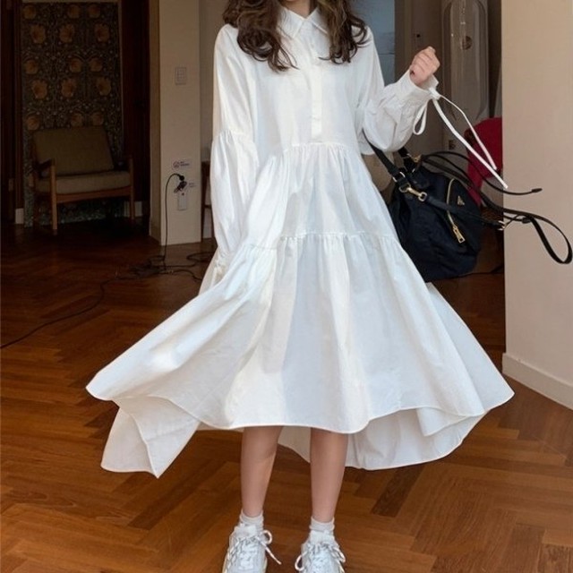 白 ワンピース レディース 韓国 ファッション ベルト付き シャツワンピース ゆったり フレア ロングワンピース ボリューム袖 韓国服 レディース ワンピ Vestito