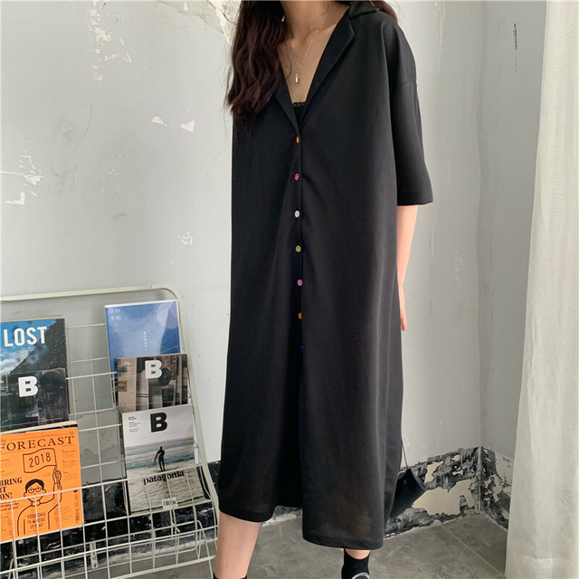 シャツワンピース ロング丈 サマーアウター ロングシャツ 無地 七分袖 ナチュラル フロントボタン シンプル ベーシック レトロ 春夏 通学 デート お出かけ グリーン ブラック Southisland