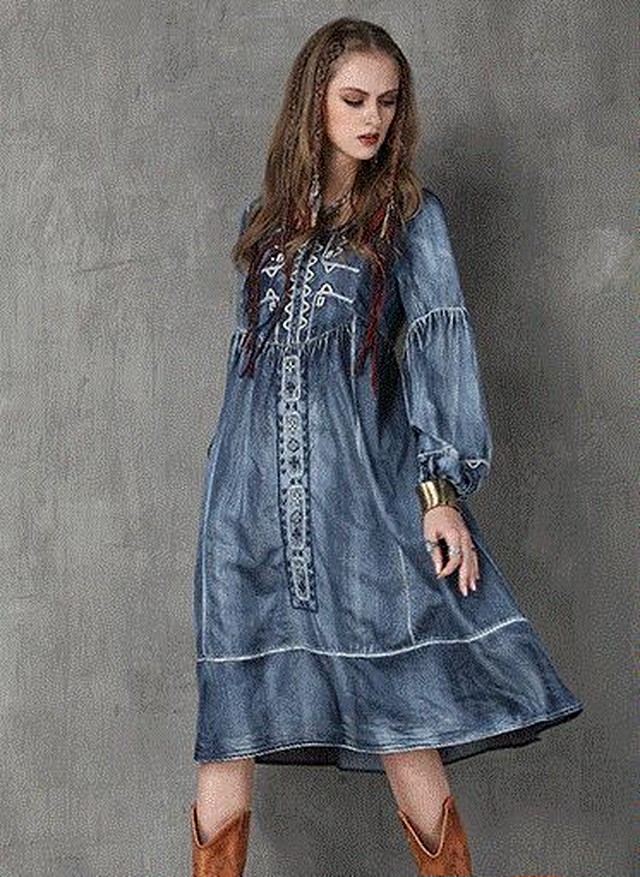 Knees X0021 長袖 刺繍 ワンピース デニムワンピース ロングワンピース マキシ丈 デニム ロングワンピース デニム ワンピース マタニティ 19新作ドレス Onlythebestオンリーザベスト