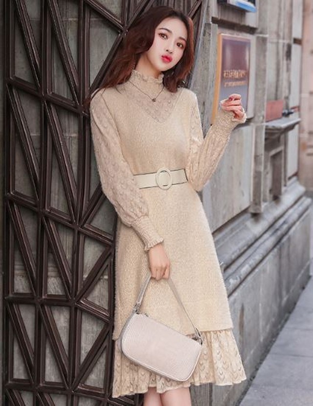 レース ニットワンピース3色 レディース ホワイト カーキ ピンク ハイネック ベルト付き ミモレ丈 異素材ミックス オシャレ着 お呼ばれ おでかけ 春 サイズ豊富 Aki969 Fulgeo