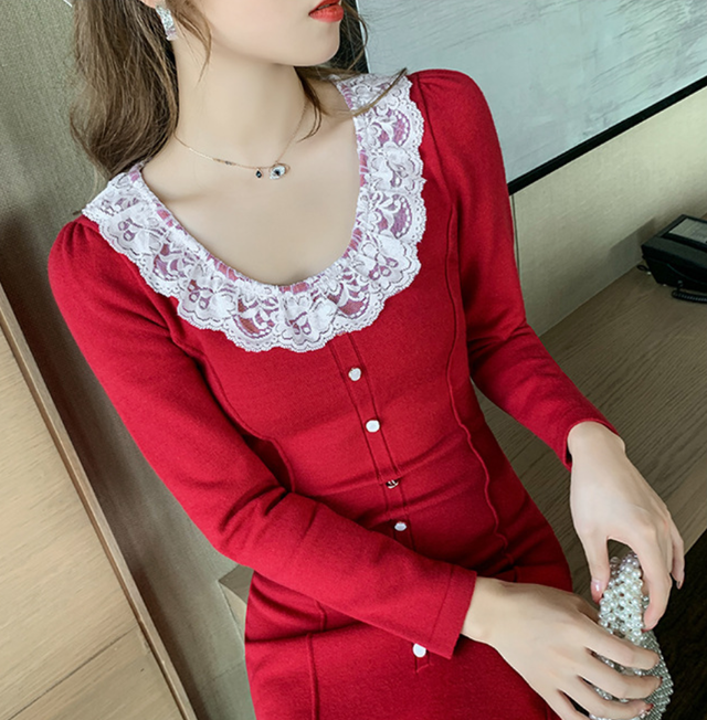 セレブ風ニットワンピ 膝下丈 長袖 レース丸首 無地 レッド ゆりえぴんく