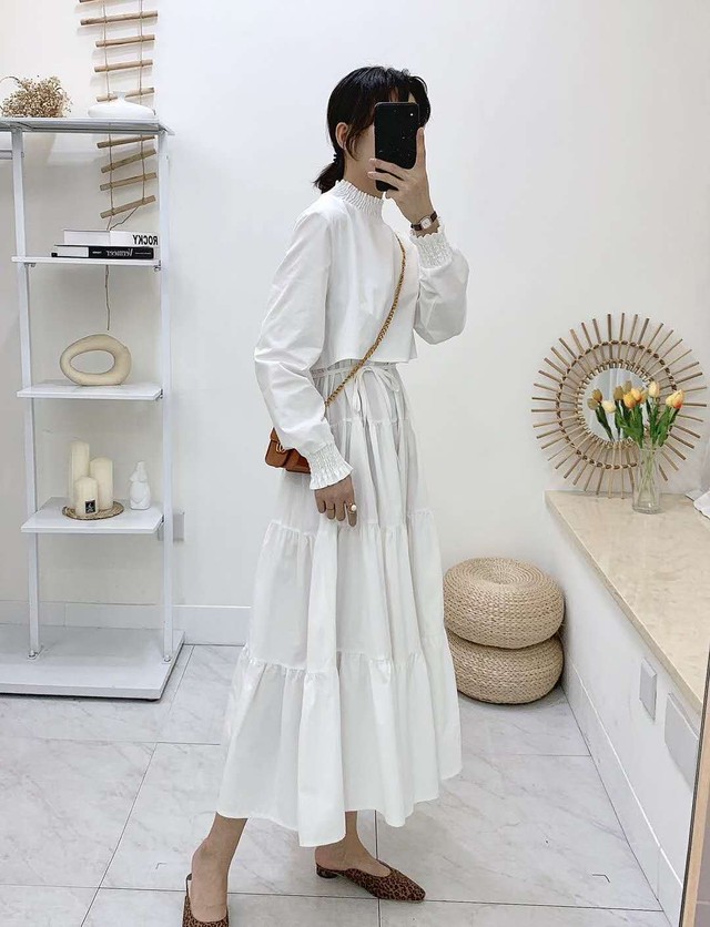 ティアード ワンピース ボトルネック 長袖 セットアップ風 マキシ丈 フレア コットン ハイウエスト エレガント カジュアル Aya2696 Girl Top
