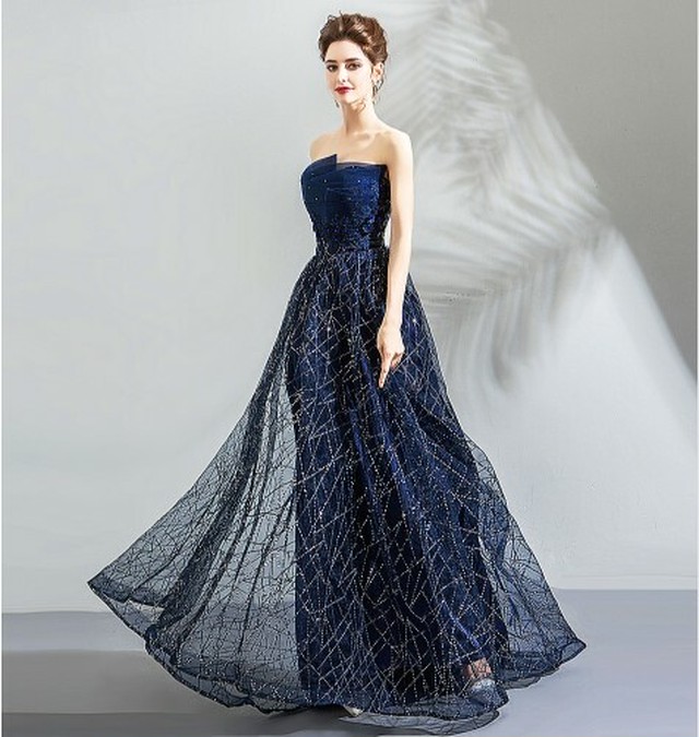 イブニングドレス 紺 ネイビー ソフトチュール ロング ベアトップ セクシー 編み上げ 細見えシルエット 美品 Cinderelladress