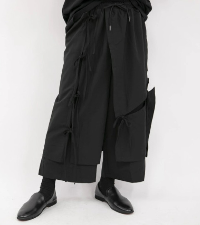 Top Mode レイヤードパンツ 個性的 変形 モード系 メンズ レディース ワイドパンツ ガウチョパンツ 袴パンツ ブラック 黒 韓国 原宿系 ストリート 半袖 変形tシャツ ユニセックス 大人可愛い ゆったり かわいい 七分丈 モダン 春夏 着痩せ効果 大人カジュアル かっこいい