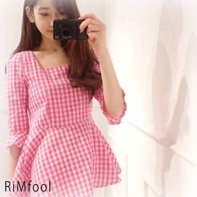 チュニック トップス レディース ギンガムチェック ペプラムトップス ブラウス 可愛い プチプラ インスタ映え Rimfool