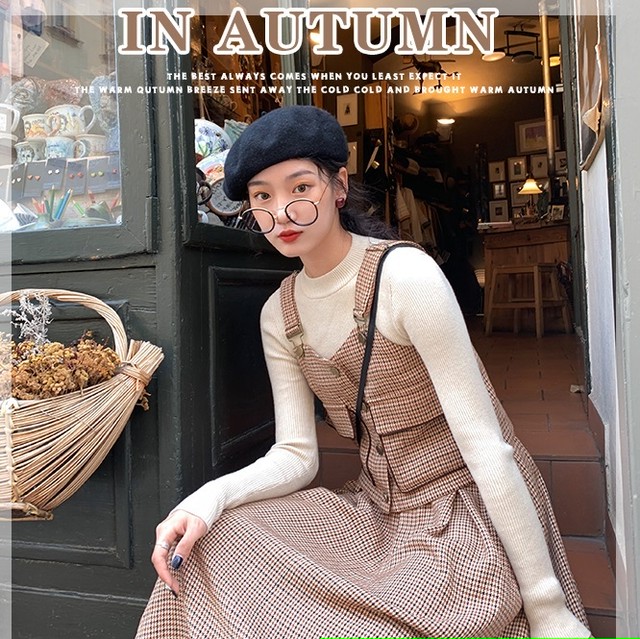 送料無料 2色 ガンクラブチェック ビスチェ スカート セットアップ チェック 上下セット 2点セット ビスチェ チェック柄 千鳥格子 ドッキング オーバーオール フロント ボタン ポケット スカート フレアスカート ロング丈 ロングスカート ミモレ丈 大人 ガーリー