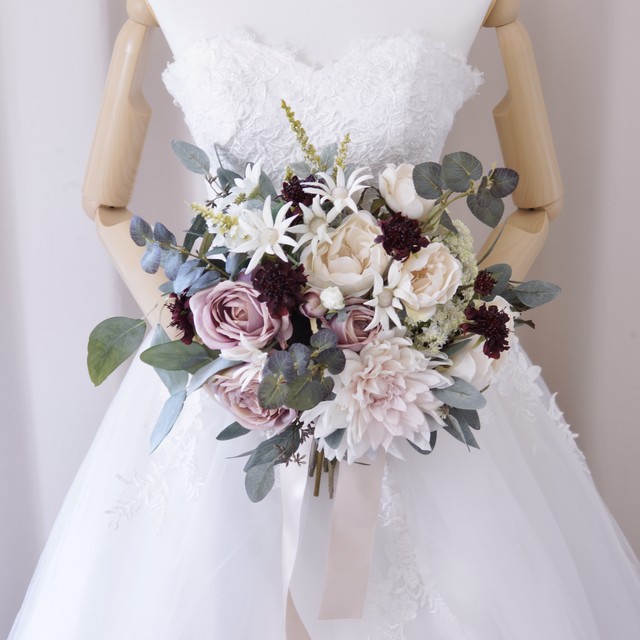 美しい パープルとワインレッド アイボリーのナチュラルアンティーク ウェディングブーケ 日用品 インテリア Ecpfnwxg