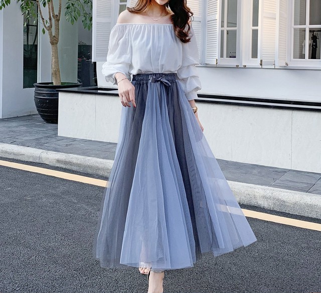 全4色 チュール スカート バイカラー シースルー グラデーション 透け感 ボトムス ロング丈 ふんわり 上品 可愛い ガーリー キュート きれいめ フレア ハイウエスト 秋 Like Fashion プラス