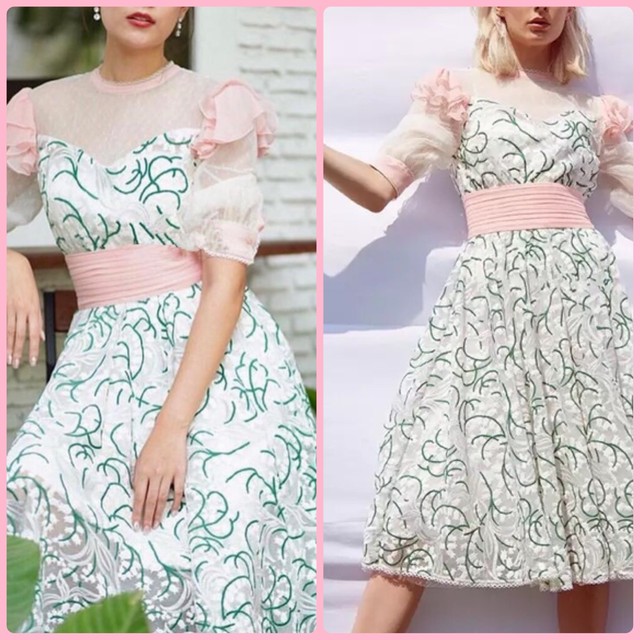 ピンク グリーン 緑 フリル フレア ワンピース ドレス 柄 リボン ガーリー マキシ Loveysmileshop