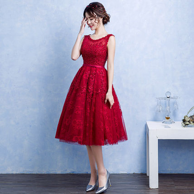 膝丈 赤 パーティードレス カラー 結婚式 演奏会 式典 発表会 Bianka