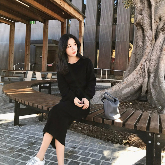 ニットワンピース ミモレ丈 長袖 無地 ウエストマーク リボン リブ ラウンドネック パフスリーブ レトロ きれいめ 秋 冬 Fsk1161 Alice Mode アリスモード