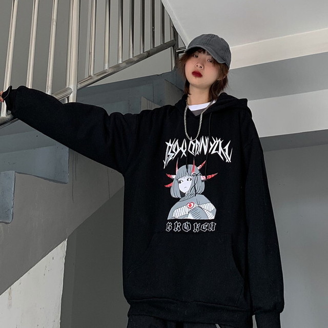 病みかわいい パーカー ゴシック系 鬼 悪魔 ユニセックス 病み深い 黒 灰 ゴシック オルチャン 天使と悪魔 サブカル系ファッション Seasonz
